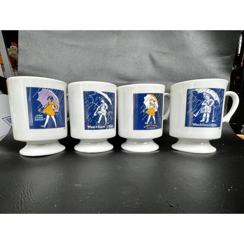 MORTON SALT GIRL Footed Mugs Diner Style 1914, 1921,  1956, 1972, VTG ~ Set Of 4